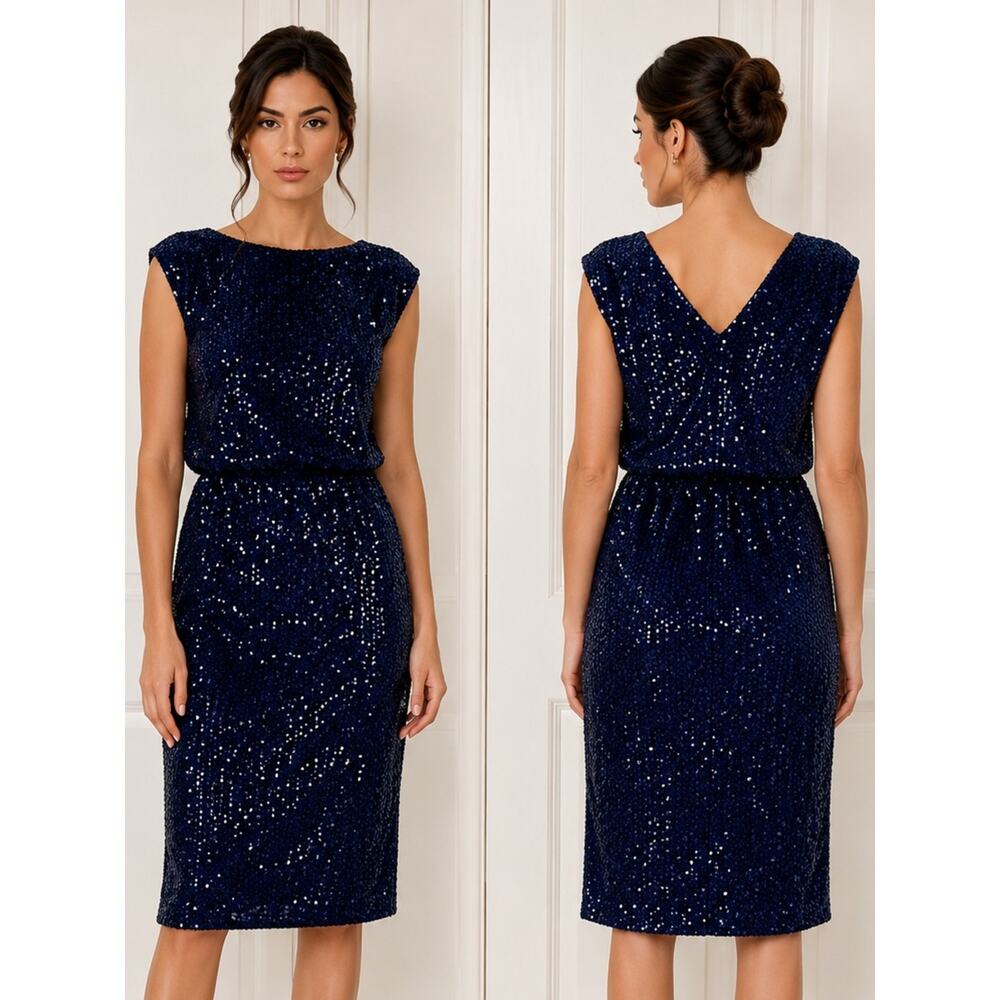 NWT Maggy London Sequined Blouson Navy Blue Dress - Picture 13 of 15